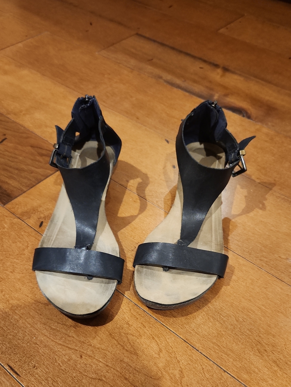 Women's Navy T-Strap Ankle Buckle Sandals